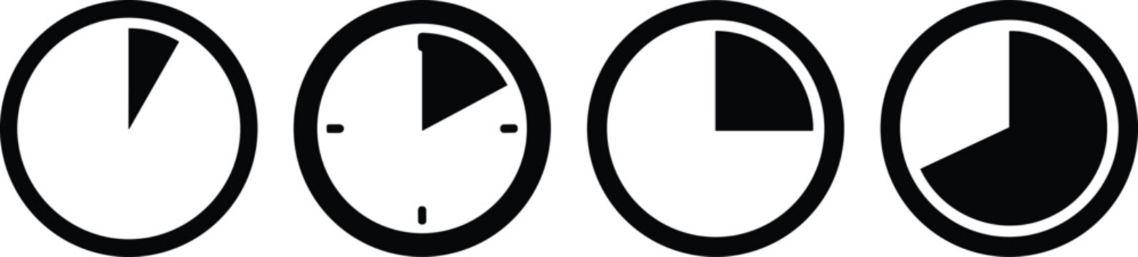 Time management and countdown timer clock vector icon set featuring circular dials showing intervals duration progress deadline and schedule countdown symbols