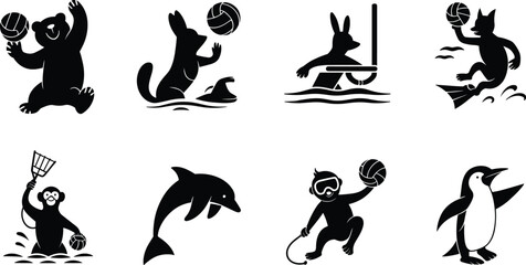Summer water sports animals icon set featuring volleyball playing bear fox monkey dolphin penguin and snorkeling rabbit © mstlipibegum