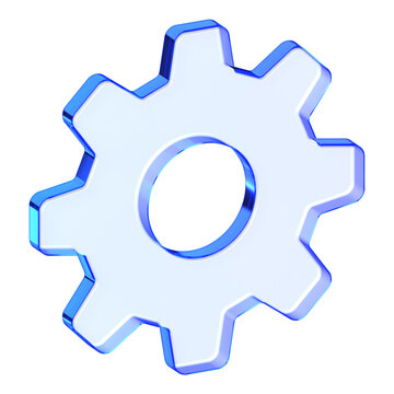 Blue glass gear setting icon in glassmorphism style for system configuration, functional cog tool symbol designed for options setup and technical operations