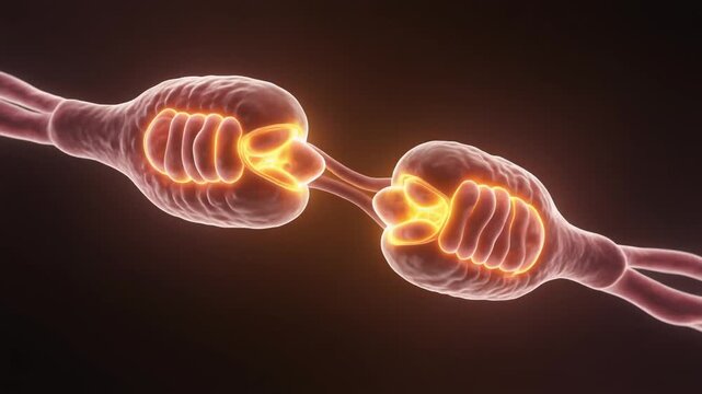 Scientific visualization of realistic mitochondrial fusion for biotechnology, healthcare education, pharmaceutical communication, and medical presentations.