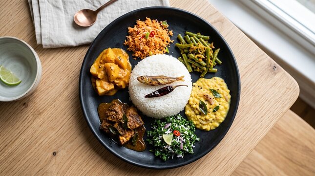 Sri Lankan Rice and Curry Feast with Dhal Sambol and Chicken Curry