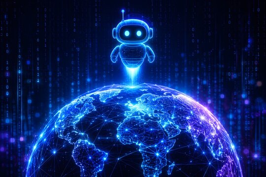 Cute glowing robot floating above digital Earth with binary code background representing global artificial intelligence and worldwide automation technology