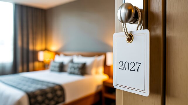 Hotel room door hanger with 2027 number representing hospitality reservation