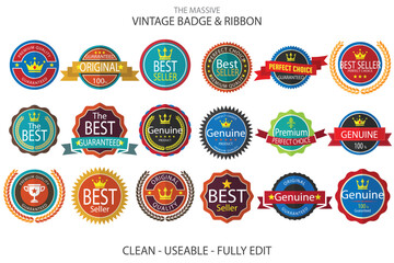 Naklejka premium Vintage Badge and Ribbon Collection, 25 Retro Emblem Seals, Best Seller & Genuine Labels, Award Icons, Graphic Resources for Commercial Use