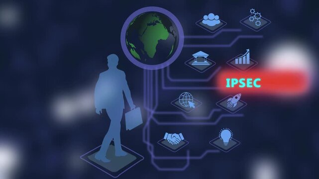 Digital ipsec network security concept featuring a silhouette of a businessman walking toward a global brain with connected data and cyber infrastructure symbols for modern corporate tech
