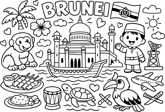 Brunei, Wahrzeichen-Cartoon-Umrisse, handgezeichnete Linienkunst-Illustration, Doodle-Kunst-Malvorlage f&uuml;r Kinder