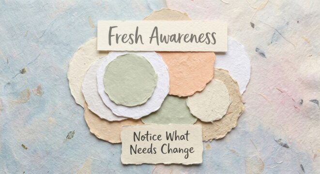 Layered Handmade Paper Textures with "Fresh Awareness" and "Notice What Needs Change" Messages