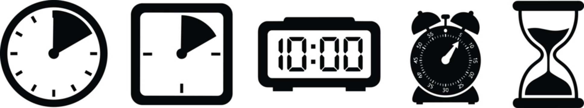 Time management and clock tracking vector icon set featuring analog round timer square dial digital alarm stopwatch and classic sand hourglass symbols