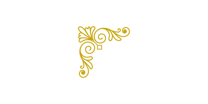 Elegant golden vintage corner flourish design element, decorative filigree scroll ornament for invitations and frames, isolated on transparent background