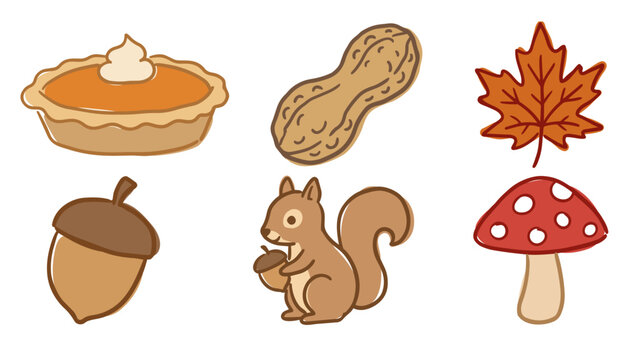 Cute Autumn Element Set with Squirrel, Pumpkin Pie, Acorn, Mushroom, Peanut, and Maple Leaf Vector Illustration
