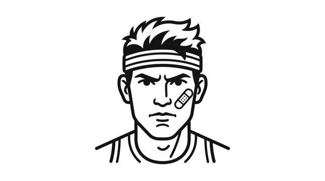 Black and white line art illustration of a determined male athlete with a headband and facial bandage.