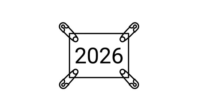 A minimalist line art illustration of the year 2026 pinned with four safety pins.
