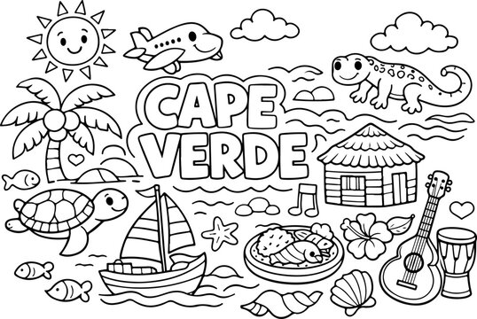 Kap Verde Cartoon-Umriss, handgezeichnete Linienkunst-Illustration, Doodle-Kunst-Malvorlage f&uuml;r Kinder