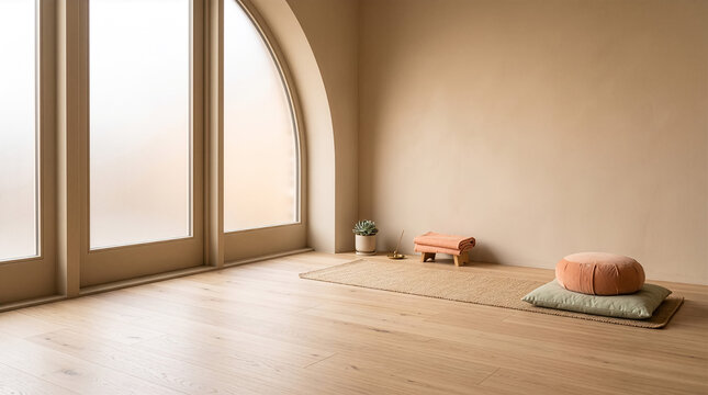 Minimalist meditation room with an arched window, floor cushion, woven mat, folded blanket, incense and soft natural light, creating a calm wellness interior with ample copy space.
