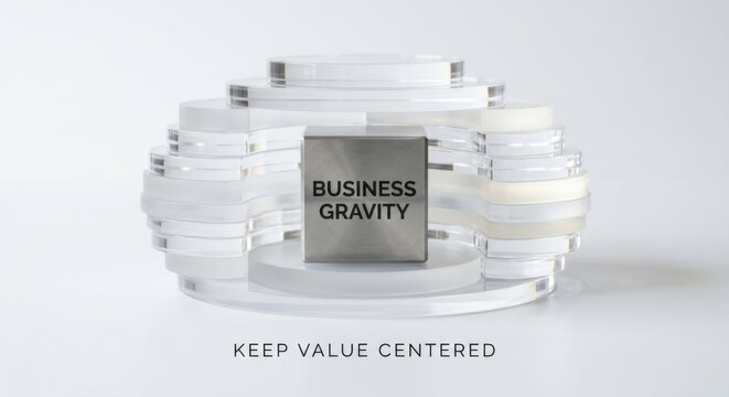 Metal Cube Labeled Business Gravity Centered on Acrylic Platforms
