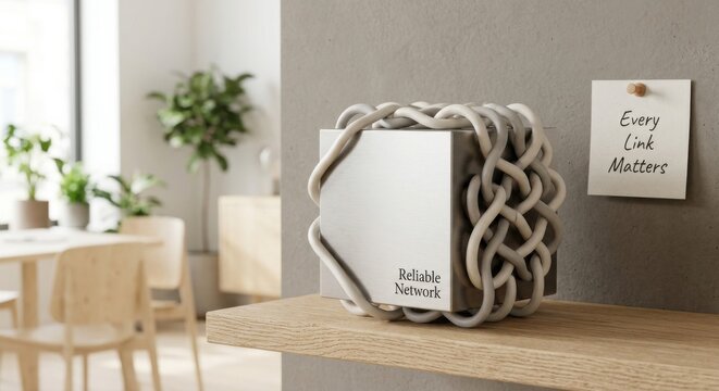 Minimalist Ceramic Sculpture with Interwoven Loops on a Wooden Shelf