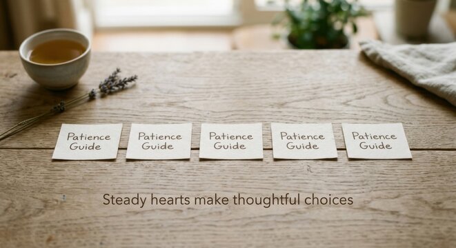 Patience Guide Notes Lined Up On Wooden Surface With Inspirational Text