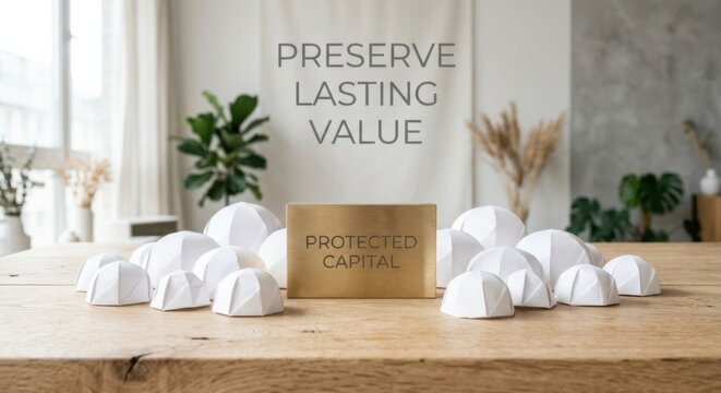 Protected Capital Preserving Lasting Value with Golden Emblem and White Paper Domes