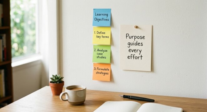 Sticky Notes Outline Learning Objectives and Purpose on a Desk with Coffee and Plant