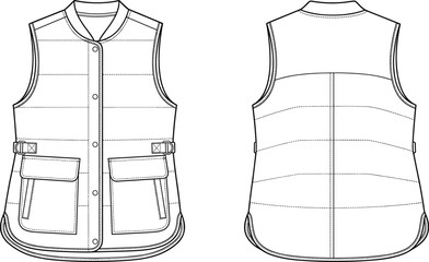 Unisex quilted puffer vest snap button flap pocket waist adjusters gilet fashion flat sketch technical vector front back view © Lakhi