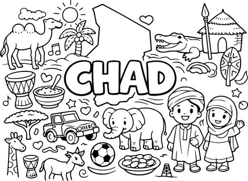 Chad, handgezeichnete Cartoon-Umrisszeichnung, Strichzeichnung, Illustration, Doodle-Malvorlage f&uuml;r Kinder