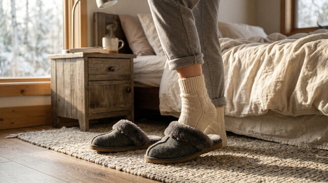 Cozy person wearing slippers in a warm bedroom with natural light  