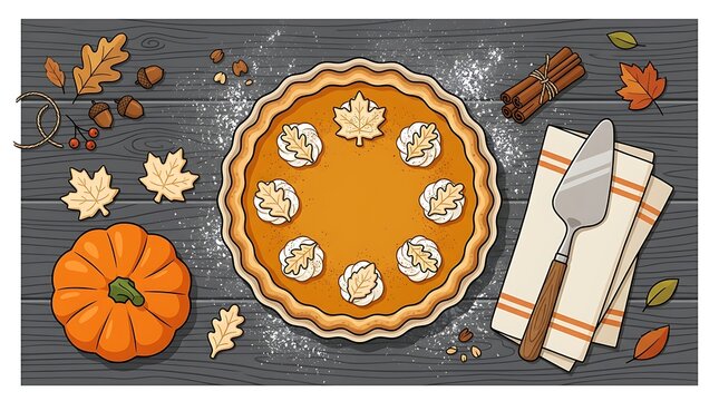 Top view pumpkin pie dessert decorated with whipped cream leaves on dark rustic wooden background with surrounded autumn decor dark wood surface