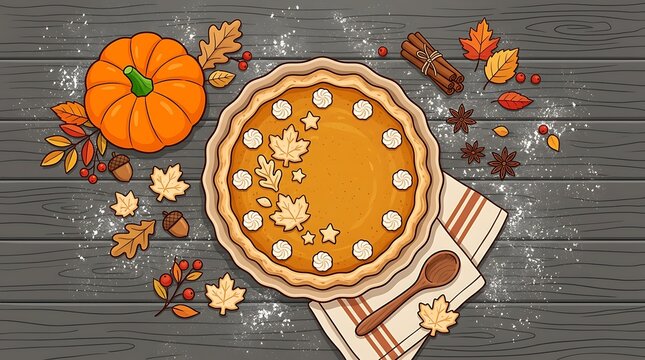 Top view festive pumpkin pie illustration with autumn leaves and spices on dark wooden background with leaves alongside seasonal decorated whipped cream