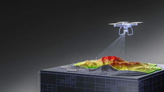 Drone aerial terrain mapping concept, LiDAR scanning elevation model, topographic color map