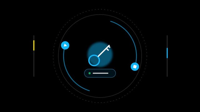 Digital security key with rotating orbits in a futuristic hud