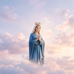 Fototapeta premium Blessed Virgin Mary Crowned as Queen of Heaven Standing Above Clouds with Radiant Halo and Divine Light