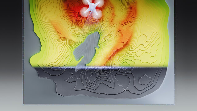 Overhead view of glowing quadcopter drone creating colorful topographic map