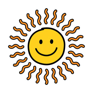 A cheerful cartoon sun with a happy smiley face and wavy orange rays on a white background.