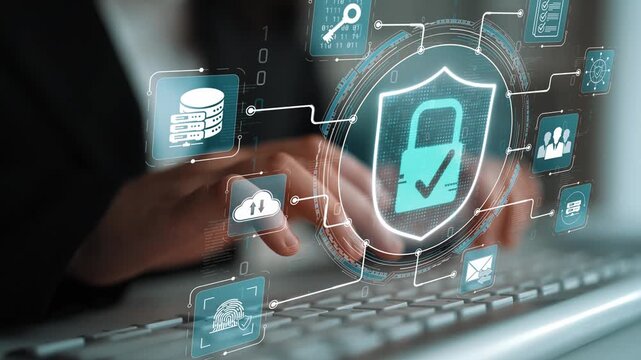 Modern Digital Security Concept with Hands on Keyboard and Cyber Protection Symbols Representing Data Safety and Privacy Management in Technology Environment Sigmoid