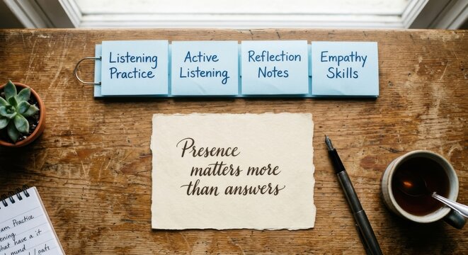 Paper tabs with listening skills and a handwritten note stating 'Presence matters more than answers' on a wooden surface.