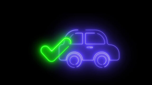 Neon sign glows of car outline pulses with electric energy. Green checkmark confirms approval or success. Modern design conveys trust and reliability