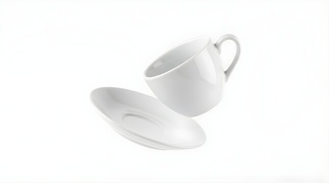 White ceramic coffee cup and saucer floating isolated on white background