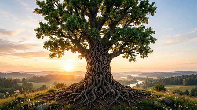 Majestic ancient tree with intricate roots in sunrise landscape
