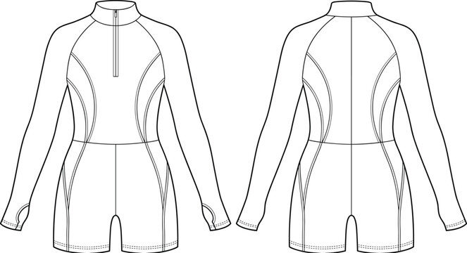Womens long sleeve athletic rompers half zip stand collar thumbholes playsuit fashion flat sketch technical vector front back view