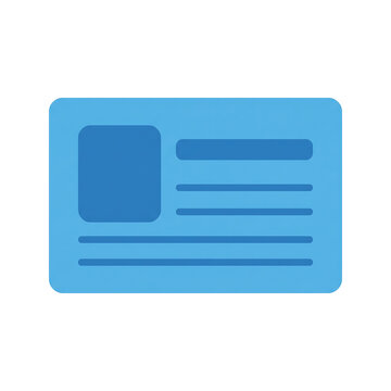 A simple flat design icon of a light blue rectangular card with a square photo placeholder and text lines, representing an ID or business card.