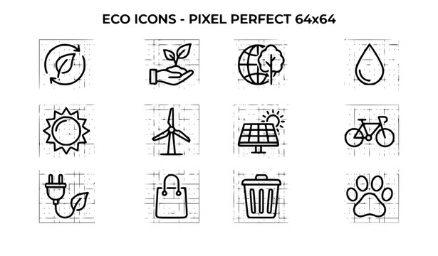 Eco, Environment and Green Energy Pixel Perfect 64x64 Line Icon Set
