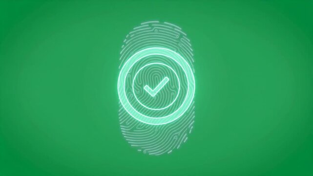 Abstract digital fingerprint animation with glowing check mark set against a vibrant green background