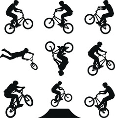 Fototapeta premium Silhouettes of BMX cyclists performing stunts and tricks