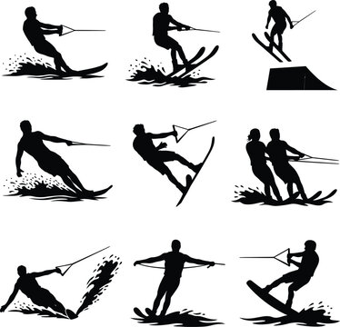 Set of Water Skiing and Wakeboarding Silhouette Vectors