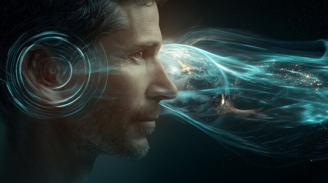 Profile portrait of a calm focused Caucasian man with short hair and subtle stubble emitting glowing acoustic sound waves toward Earth in deep space, cinematic futuristic scene