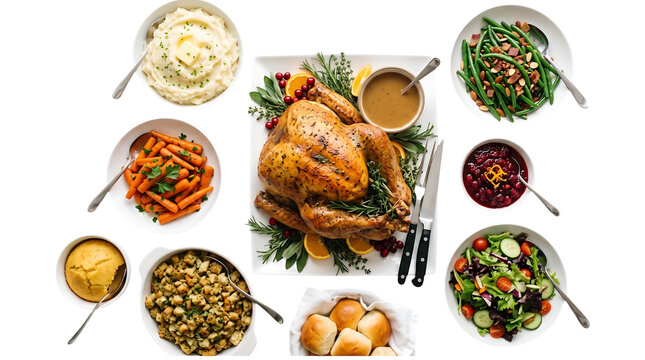 Top down view of a traditional thanksgiving dinner feast with roasted turkey and various holiday side dishes