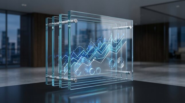 Transparent data display with upward trend graph and business analytics