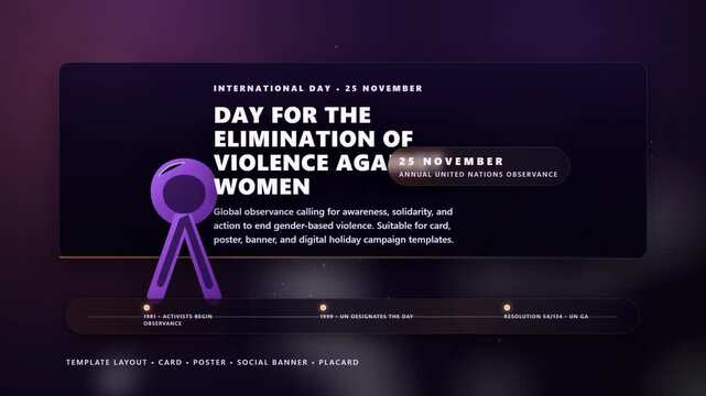 A graphic poster for the International Day for the Elimination of Violence Against Women, featuring a purple ribbon and impactful text