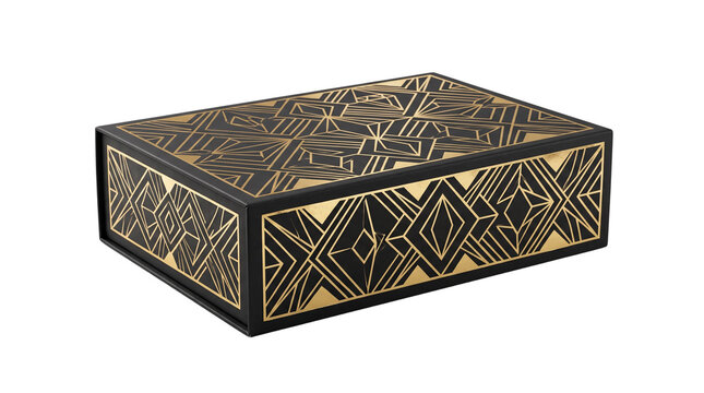 Art Deco luxury gift box with gold geometric patterns, elegant black cardboard jewelry packaging, vintage 1920s style decorative storage container
