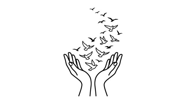 Minimalist line art illustration of human hands releasing a flock of birds into the air towards freedom